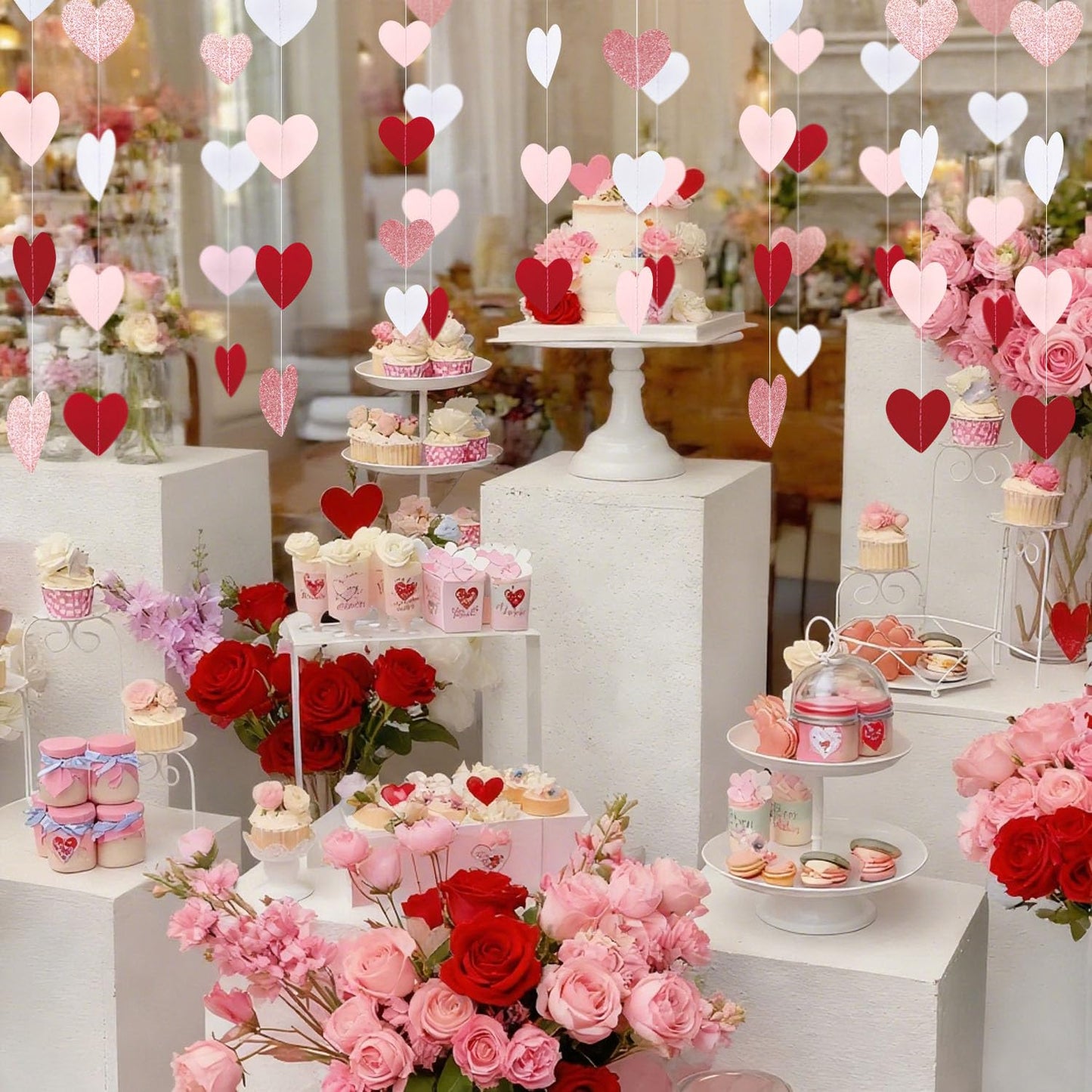 XIANMU 8 Strands Heart Garland Valentines Day Heart Paper Streamers Banner Rose-Gold Pink