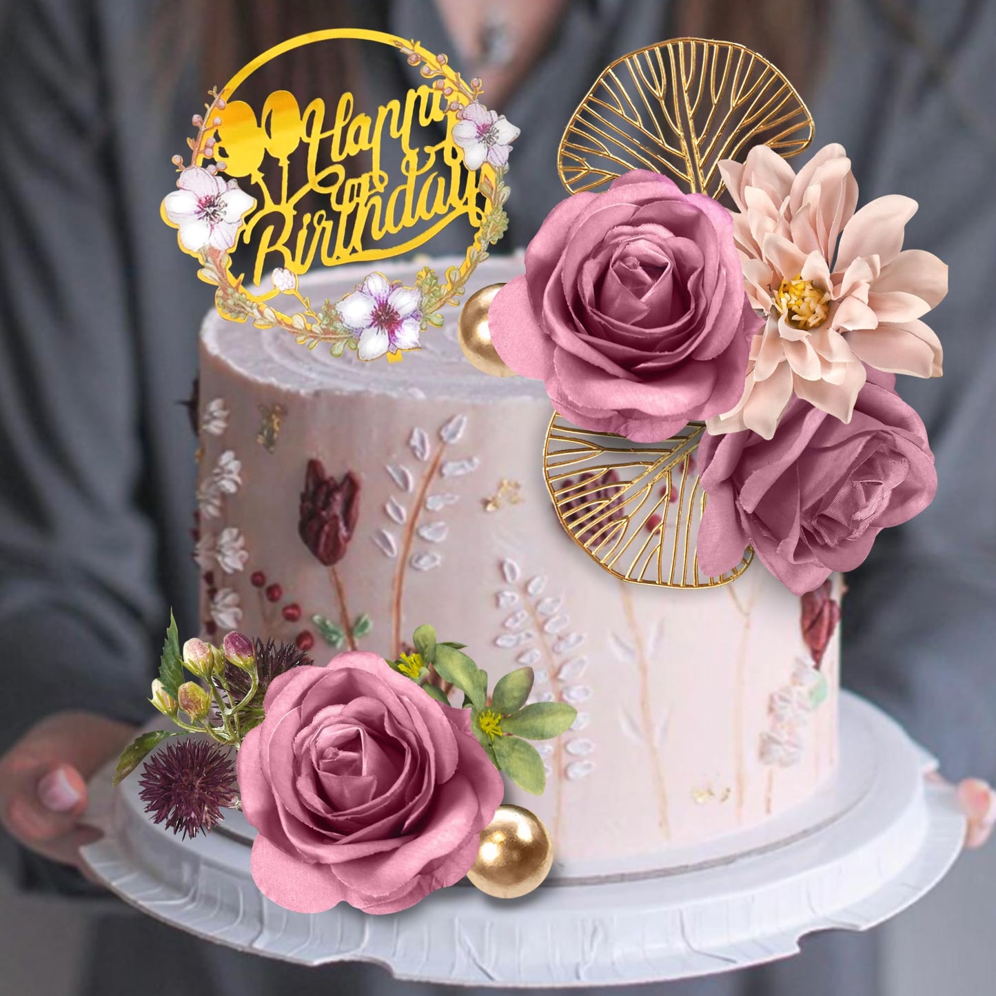 Flower Cake Toppers Happy Birthday Cake Toppers with Artificial Purple Rose Flowers Eucalyptu