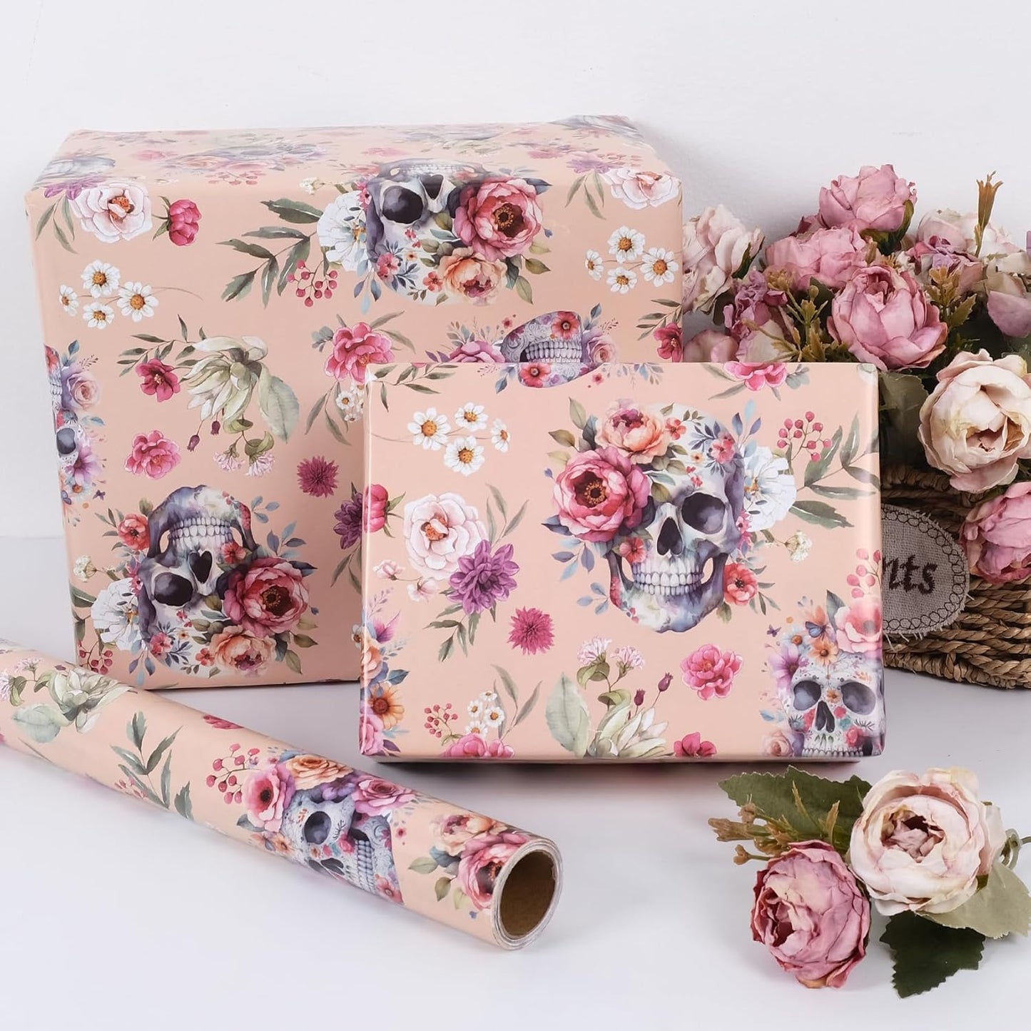 Aimyoo Gothic Wrapping Paper Roll, 17 Inch X 16.5 Fee Skull Floral Berry Design Gift Wrap Paper for Mother's Day, Birthday Bridal Shower