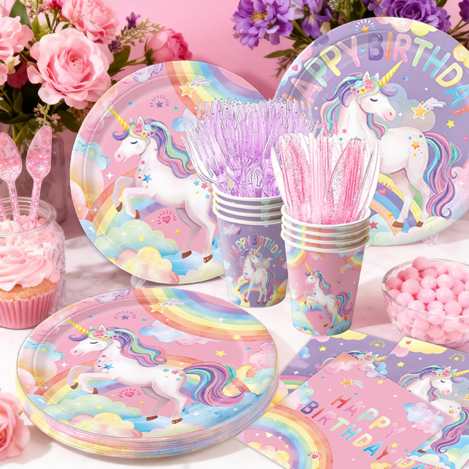 NKPDAXM Unicorn Birthday Decorations - Plates, Napkins, Cups, Cutlery, Hanging Swirls, Banner