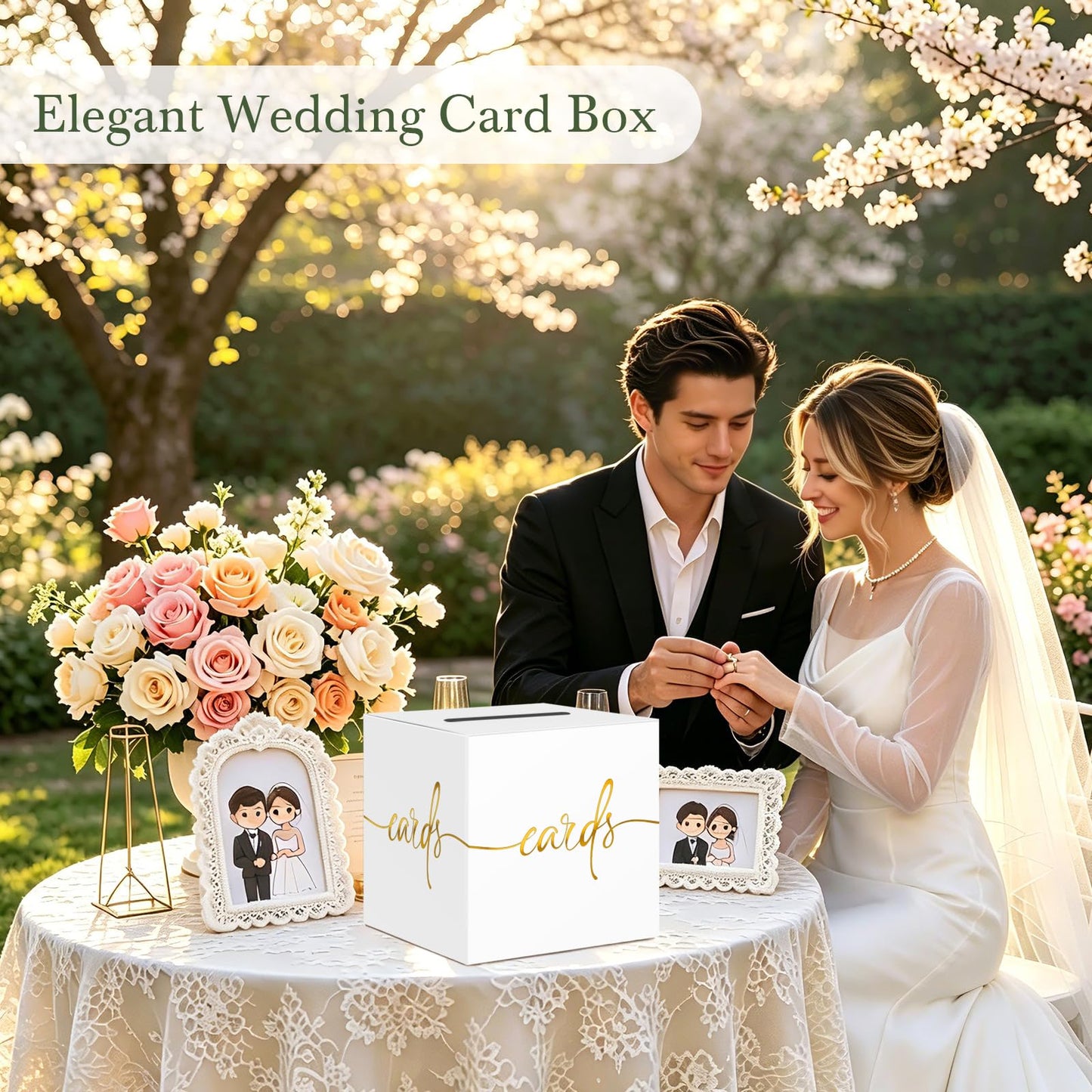 CINSOEN White Wedding Card Box with Gold Foil Design, Paperboard 8.7" Gift Card Holder for