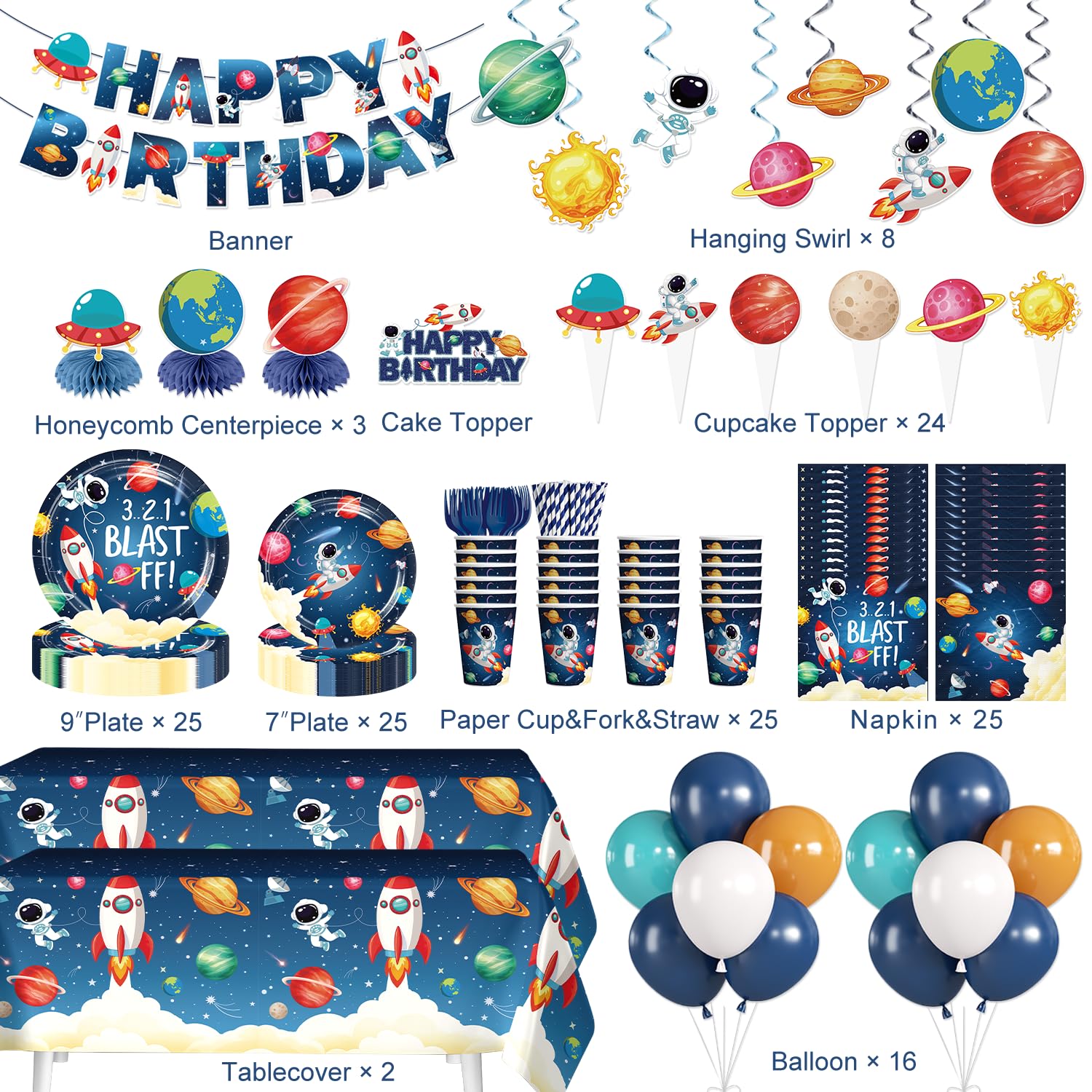 Yingoto 213pcs Space Themed Party Decorations for Boys, Serves 25