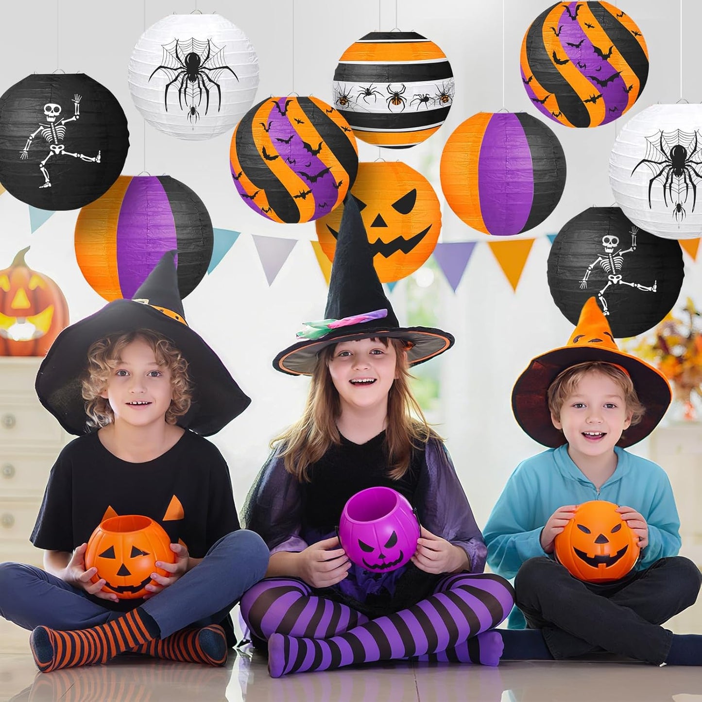 ADLKGG Halloween Party Decorations, Black Orange Purple Hanging Spider Bat Pumpkin Skeleton Paper Lantern for Halloween Birthday Decorations, Trick-or-Treating Events, Wedding,Garden Home Decor, 12pcs