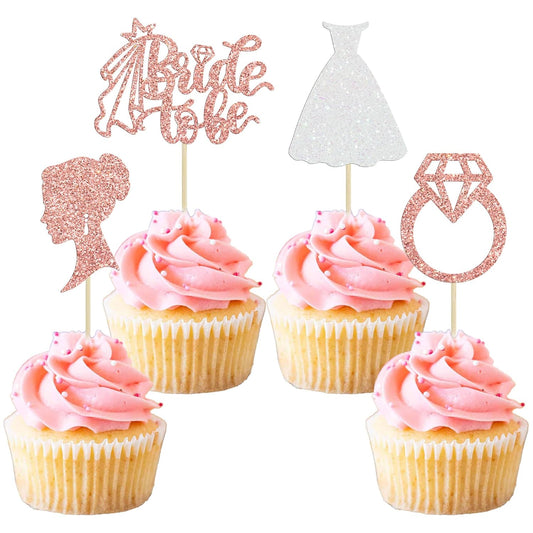 Gyufise 24 Pack Rose Gold Glitter Bride to Be Cupcake Toppers with Heart Ring Dress Bridal Shower Cupcake Picks Wedding Engagement Bachelorette Party Cake Decorations Supplies