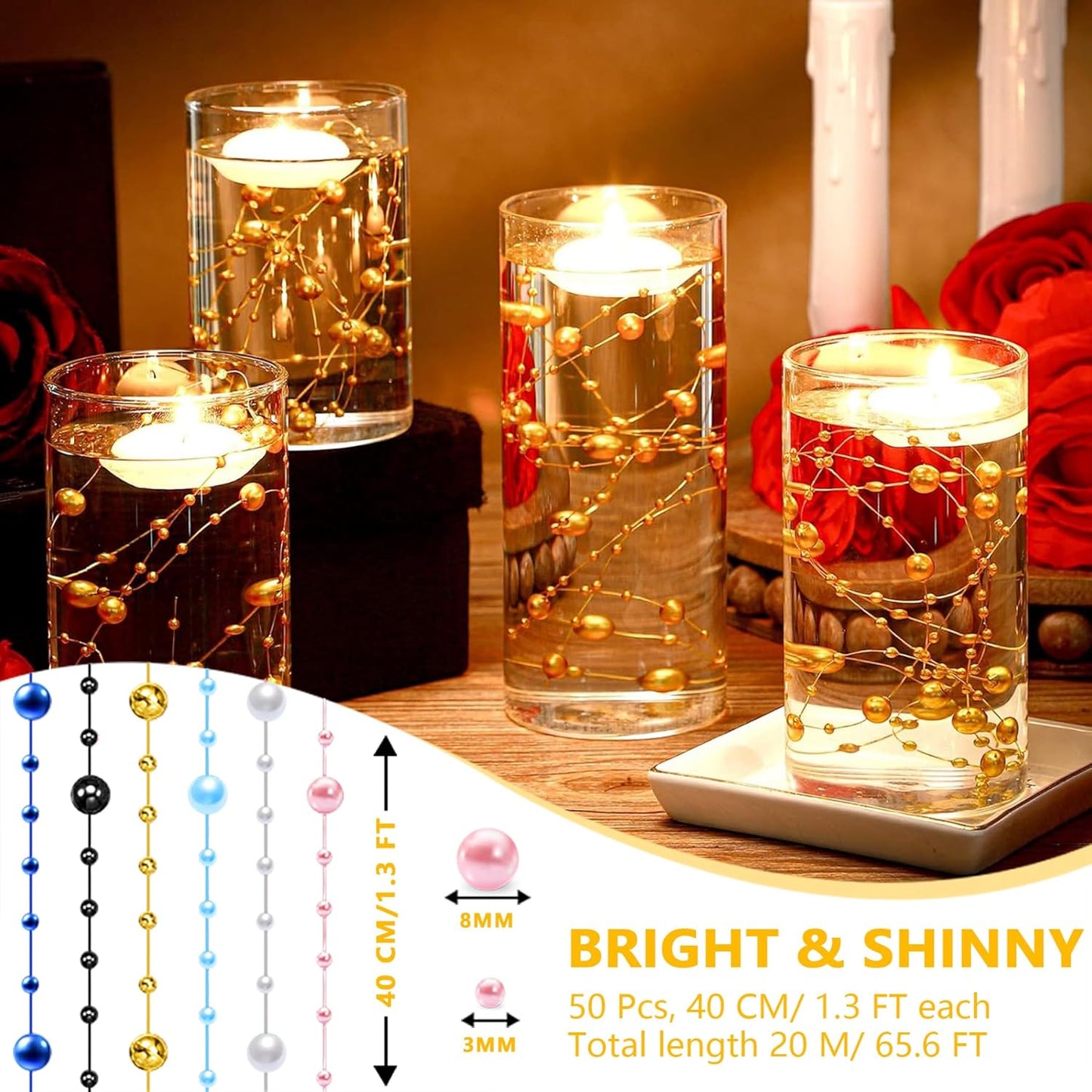 50 PCS Artificial Floating Beads for Centerpieces Vases, Silver 8+3mm String Beads for Wedding Party Faux Pearl String for Decorating, String Pearls for Crafts Vase Filler