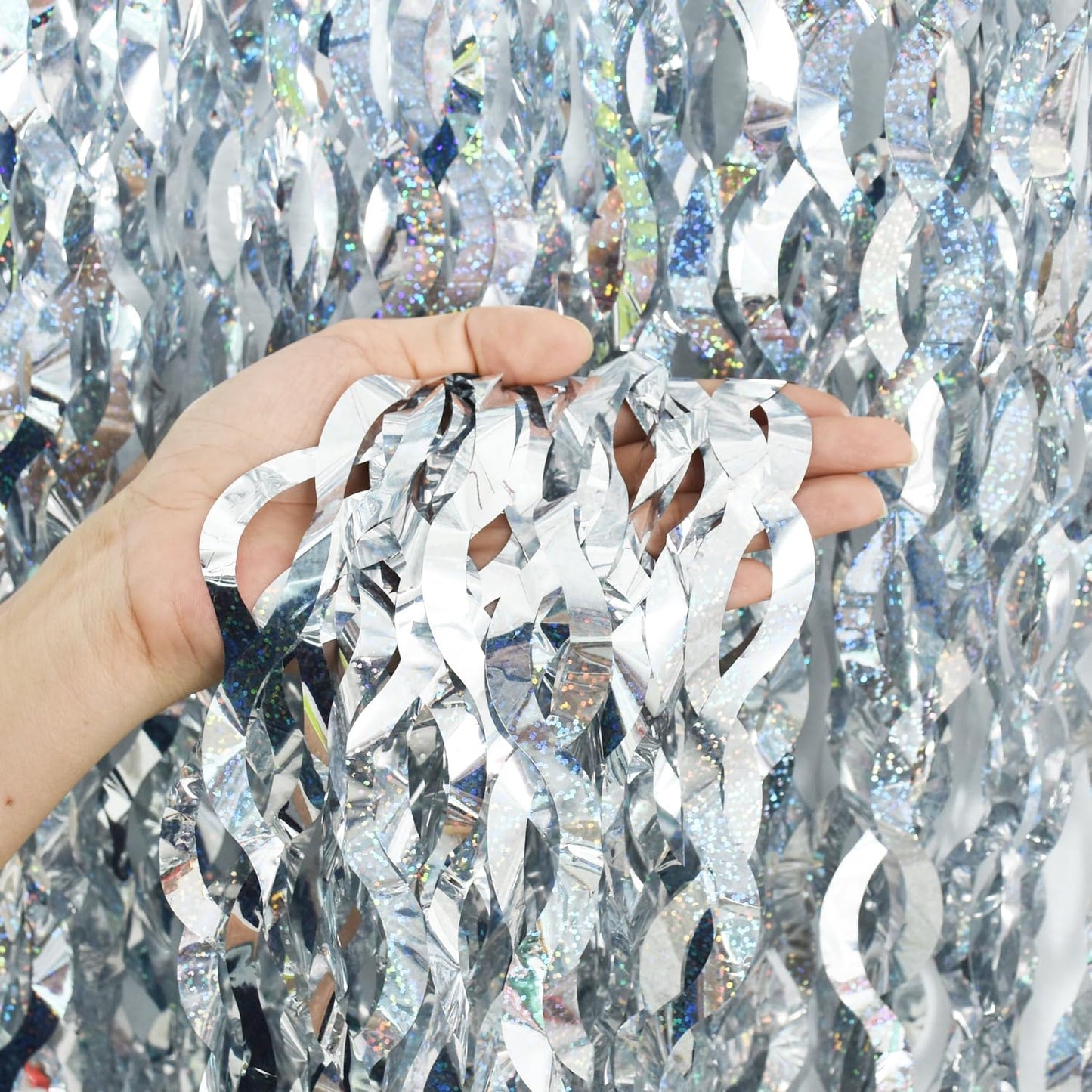 TONIFUL 3Pcs Wavy Metallic Tinsel Foil Fringe Curtains Silver Streamer Backdrop for Photo Booth Props,Party Door Wall Curtain,Bachelorette,Birthday,Anniversary,Bridal Shower Decor (9.9ft x 6.6ft)