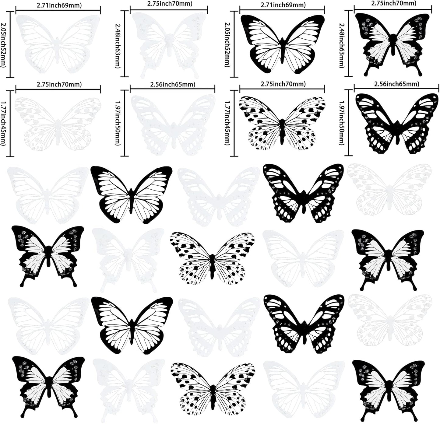 Gyufise 36Pcs Butterfly Cupcake Toppers - Lively PVC Art 3D Cake Decorations for Baby Shower, Kids Birthday Party - Black, White, Transparent