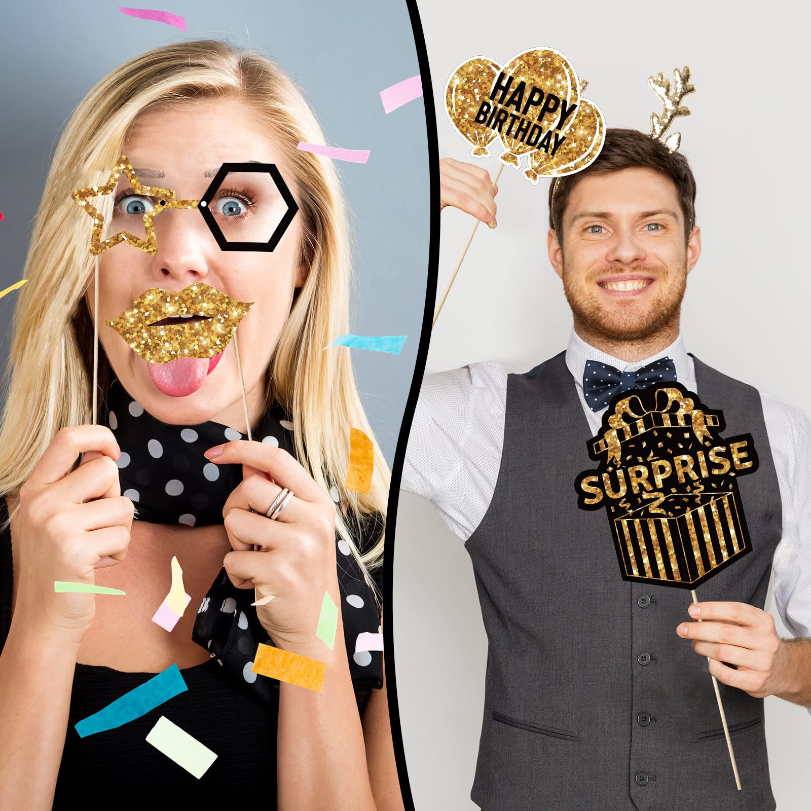 Outus 36 Pcs Birthday Photo Booth Props Kit Happy Birthday Graduation Wedding Party Favors Supplies