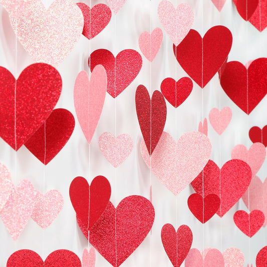 Red Pink Party-Decoration Heart Garland - 40ft Galentines Hanging Paper Streamers, Proposal Anniversary Romantic Birthday Baby Shower Rustic Wedding Hanging Ornaments Decor Hugfond
