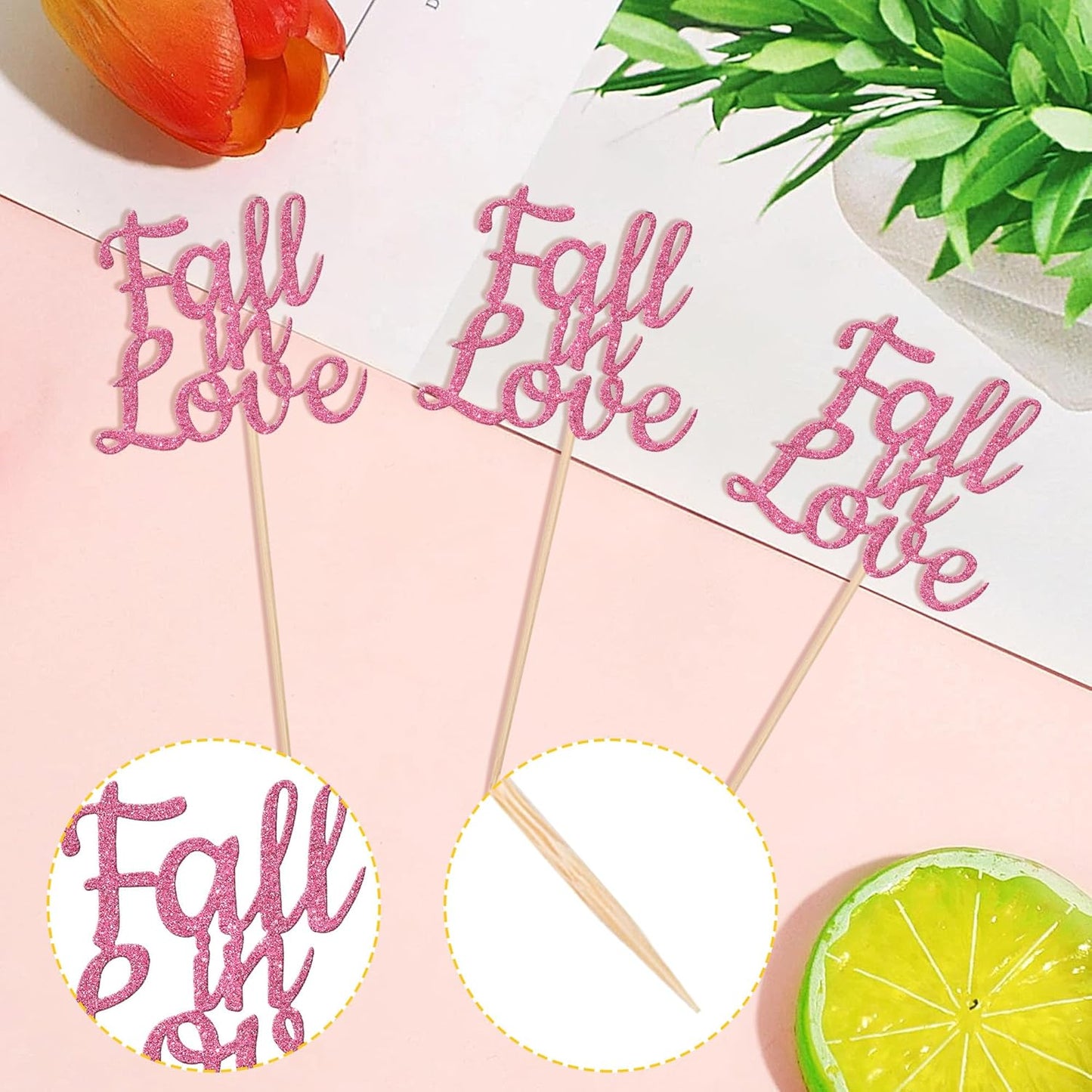24 PCS Fall in Love Cupcake Toppers Glitter Fall Theme Party Cupcake Picks Bridal Shower Cupcake Decorations for Autumn Wedding Engagement Anniversary Birthday Party Cake Decorations Supplies Pink
