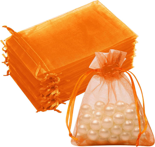 50 Pack Orange Organza Bags 3x4 Inch, Mesh Drawstring Bags Small Gift Bags Candy Bags Party Favor Bags for Halloween Birthday