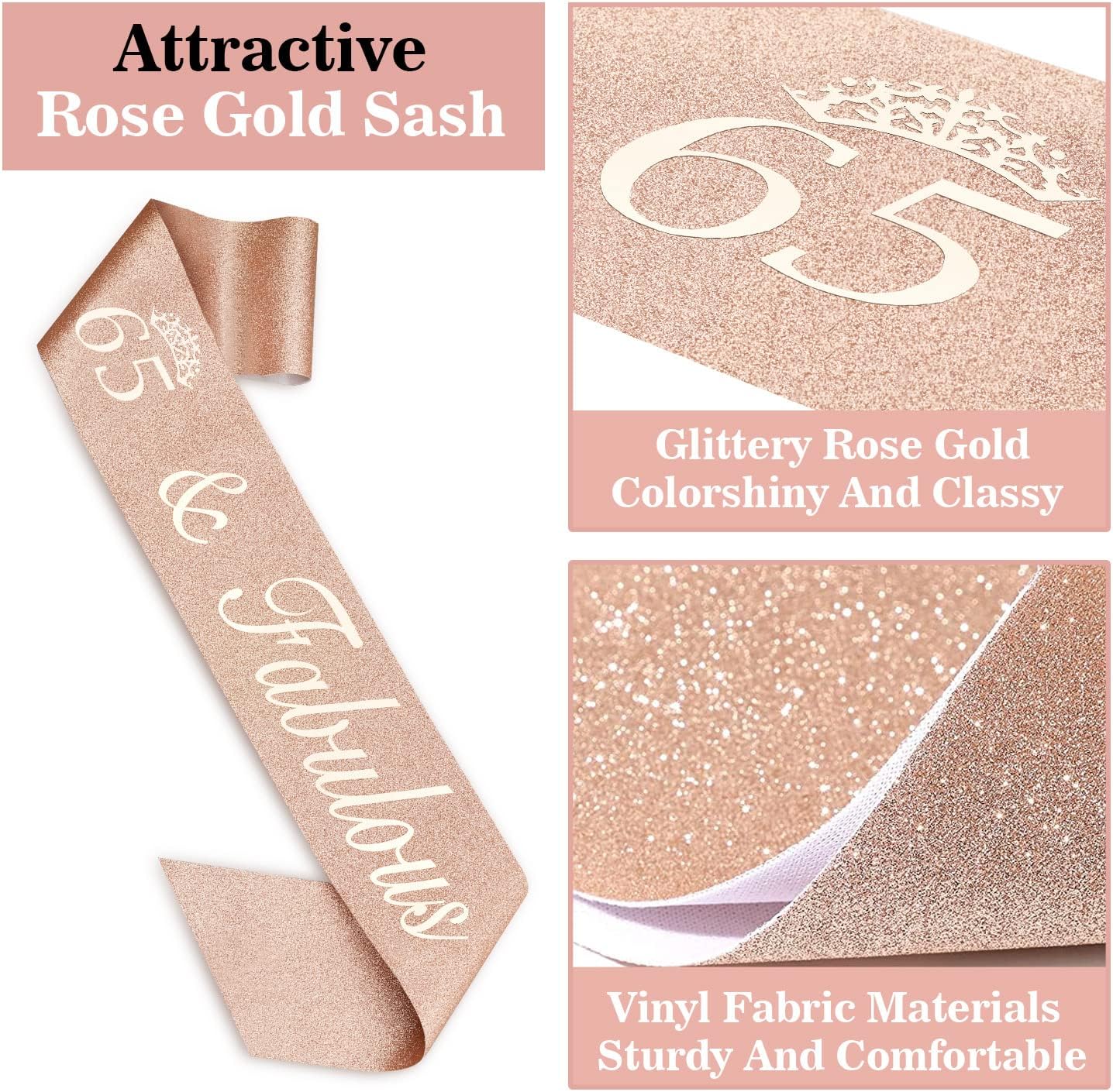 65th Birthday Decorations for Women, Including Sash, Crown/Tiara, Candles, Cake Topper, 65th Birthday Gifts for Women