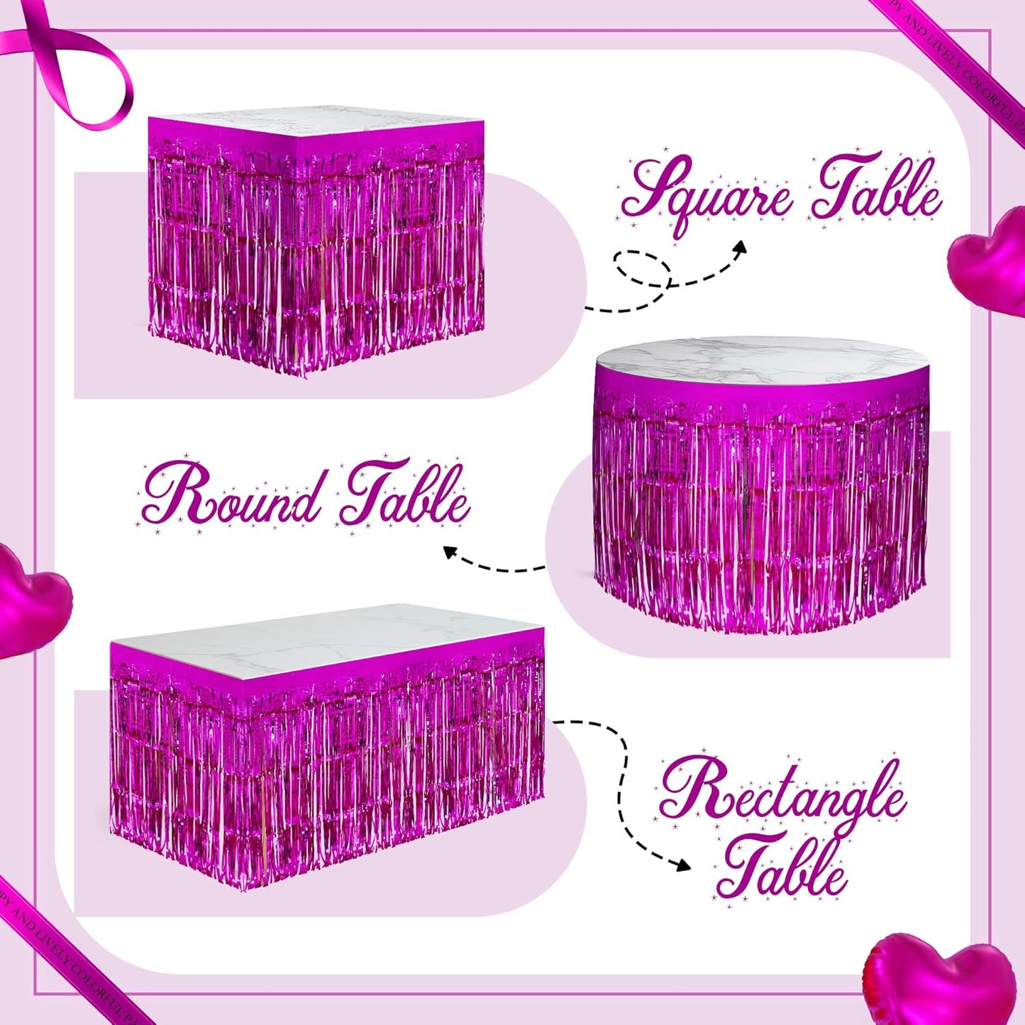 2 Pack Rose Red Table Skirts, 29x108" Metallic Foil Tinsel Fringe Table Skirts for Rectangle Tables Streamer Curtains Backdrop, Party Decorations for Birthdays Weddings Holidays