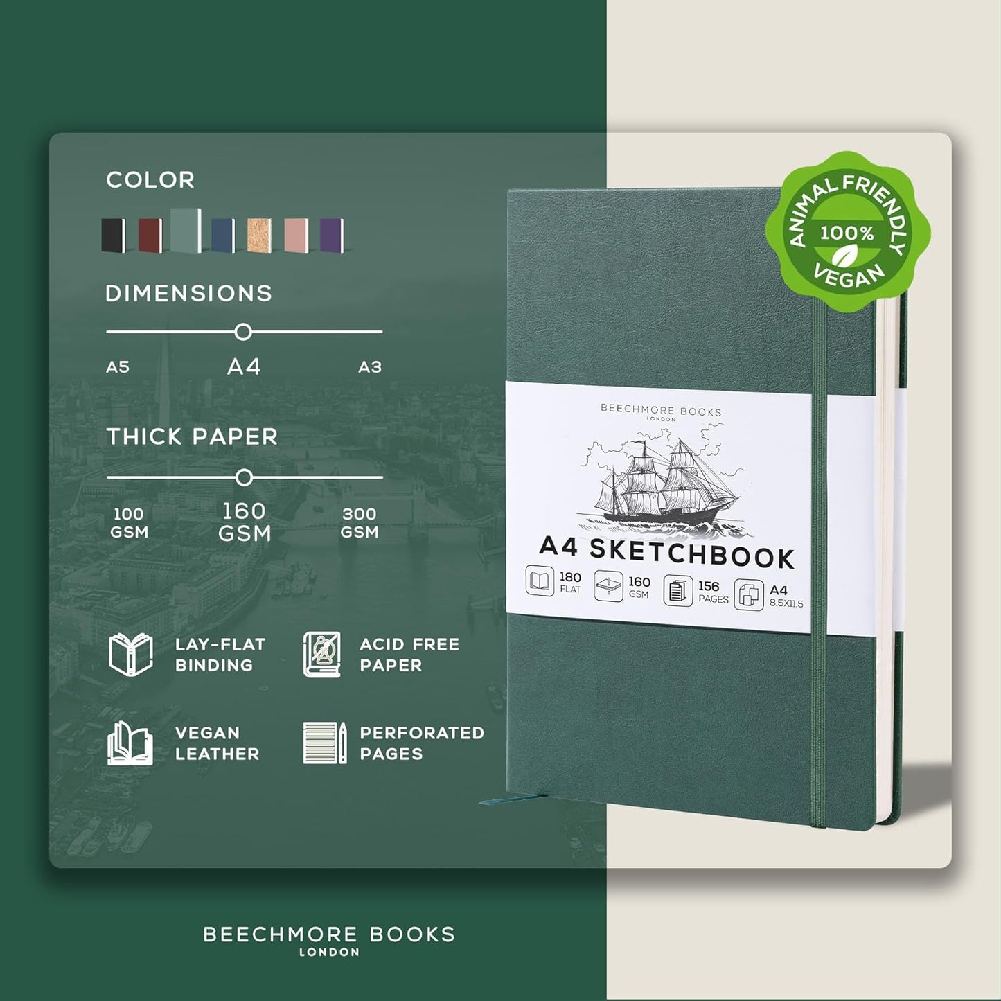 Beechmore Books A4 Sketchbook ??8.5x11 Premium Vegan Leather Bound Large Sketch Book Hardcover with 156 Thick 160gsm Perforated Ivory Pages, Blank Sketch Pad, Gift Boxed, Back Pocket, Ribbon Bookmark