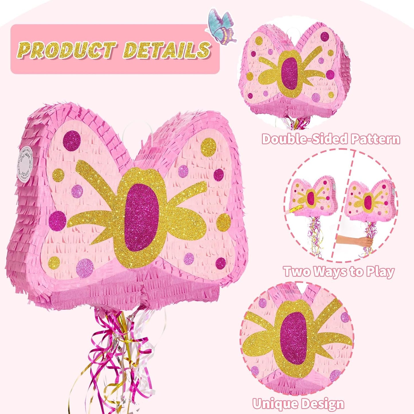 WERNNSAI Pink Bow Piñata - Girls Birthday Party Decoration Bow Tie Piñata with Blindfold and Bat for Kids Princess Theme Party Supplies favors