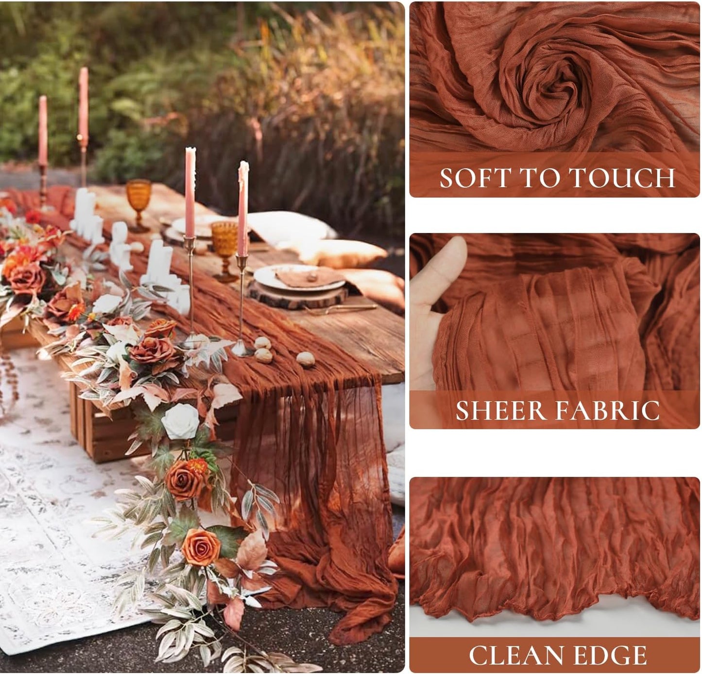 6 Pack Fall Table Runner Terracotta Cheesecloth Table Runner 10ft, Rustic Sheer Burnt Orange Gauze Cheese Cloth for Boho Wedding Decor Baby Shower Thanksgiving Table Decor