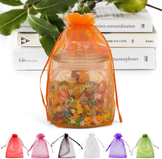 ANZNKU 100 Pack Sheer Organza Bags 6x9 inches, Mesh Bags Drawstring for Gifts Favor Bag for Party Wedding Christmas Halloween(Orange)