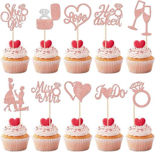 30 PCS He Asked She Said Yes Cupcake Toppers Glitter Wedding Engagement Cupcake Picks Miss to Mrs I Do Love Heart Ring Miss to Mrs Cake Decorations for Wedding Engagement Party Supplies Rose Gold