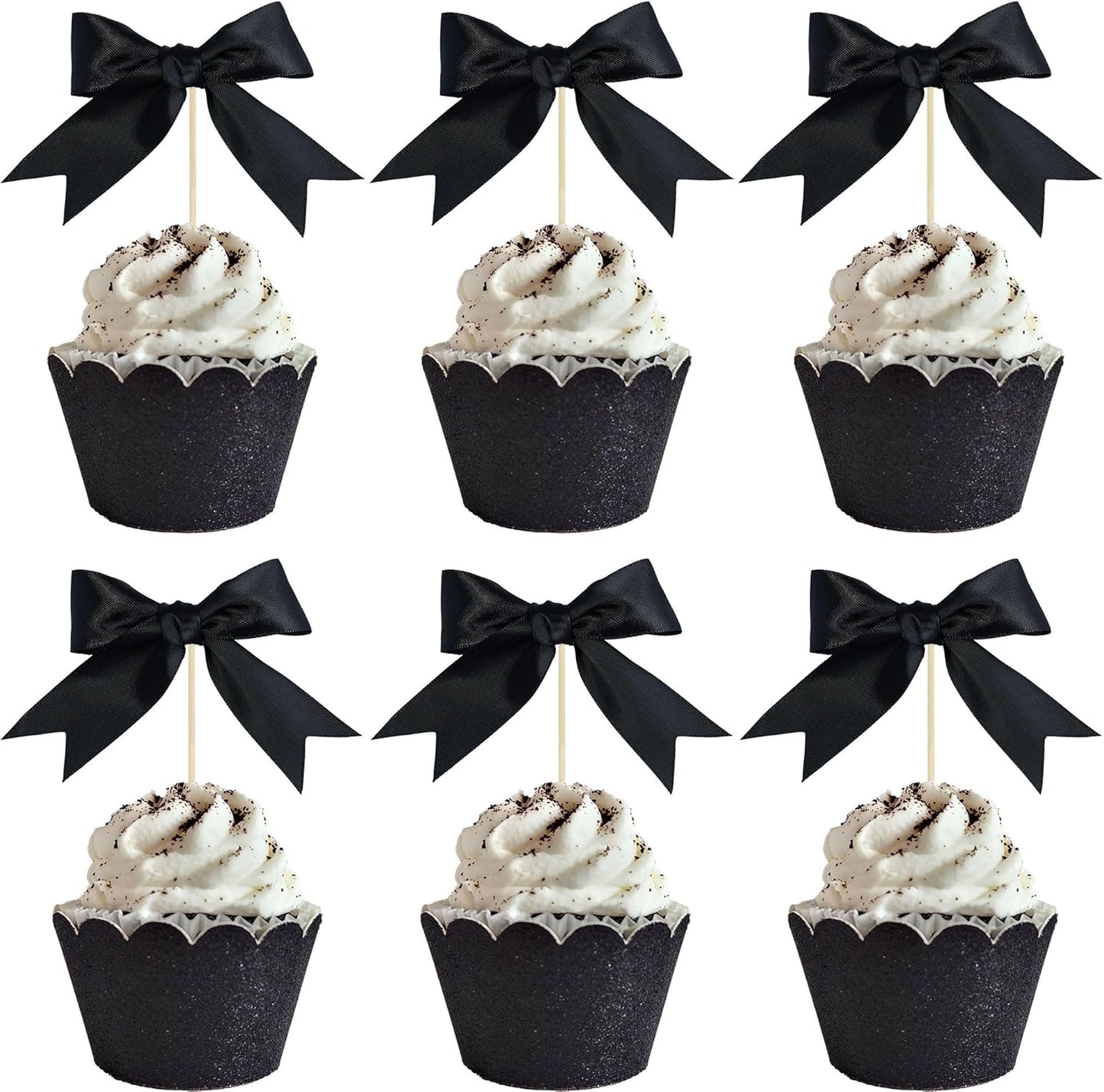 Gyufise 24Pcs Bow Cupcake Toppers Coquette Bow Girls Birthday Cake Decorations Bowknot Cake Toppers Bowknot Cupcake Picks for Baby Shower Birthday Wedding Bridal Engagement Party Supplies Black