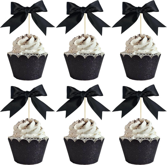 Gyufise 24Pcs Bow Cupcake Toppers Coquette Bow Girls Birthday Cake Decorations Bowknot Cake Toppers Bowknot Cupcake Picks for Baby Shower Birthday Wedding Bridal Engagement Party Supplies Black
