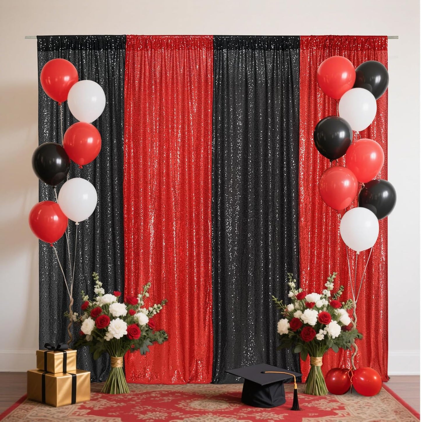 Eternal Beauty Black and Red Backdrop 4 PCS-2x8 Ft Sequin Curtain Panels for Christmas Party, Birthday