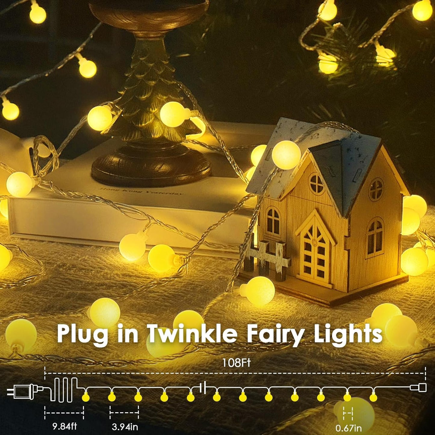 300LED Connectable String Lights Indoor Outdoor for Bedroom, 108ft Fairy Lights with Remote & Timer, Plug in 8 Modes Waterproof Globe Hanging Twinkle Light for Room Classroom Wedding Decor, Warm White