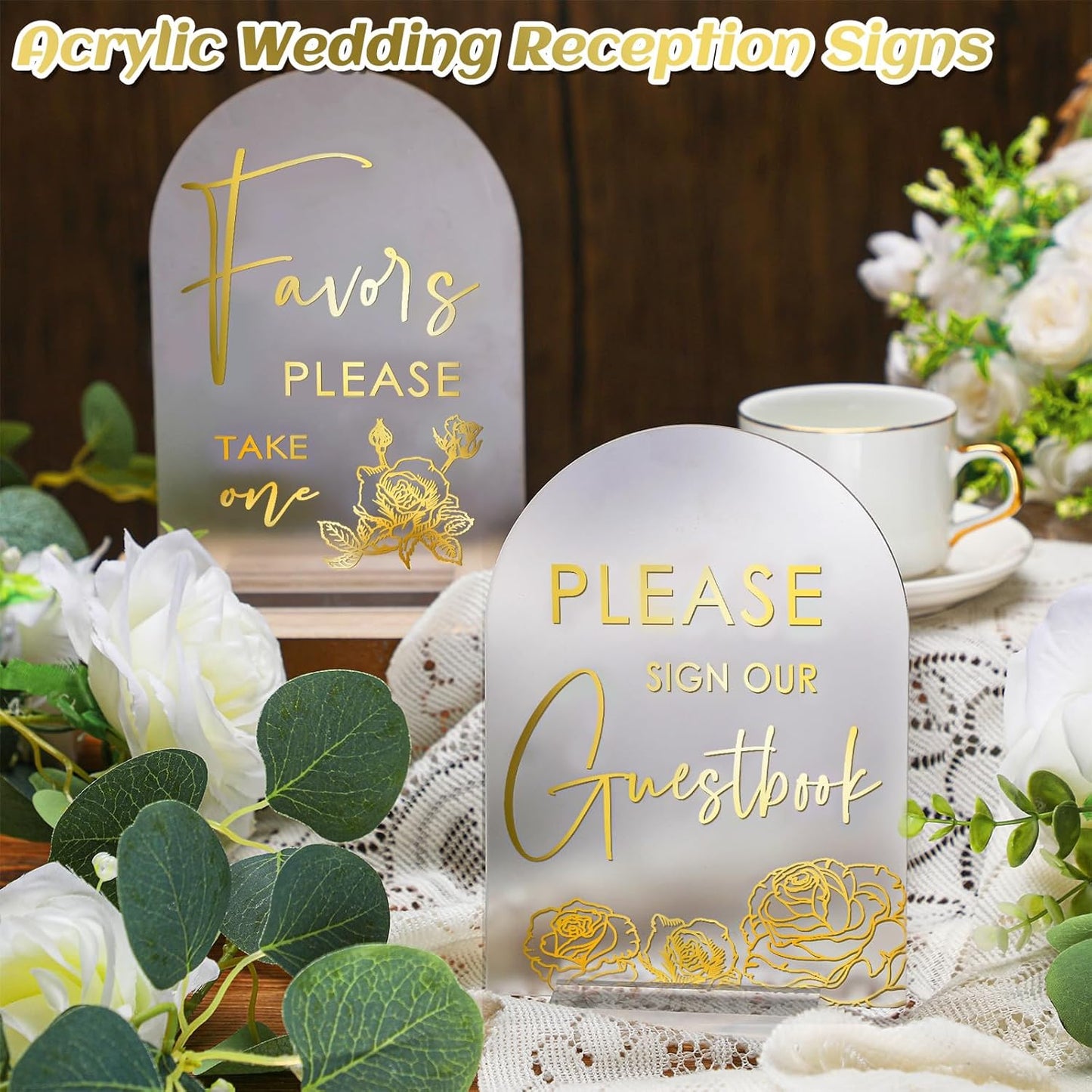 Chunful 4 Pcs Clear Acrylic Wedding Sign with Stand for Ceremony Reception 5" x 7" Guest Book Cards and Gifts In Loving Memory Favors Please Take One Table Sign for Wedding(Shiny Gold,Classic Style)