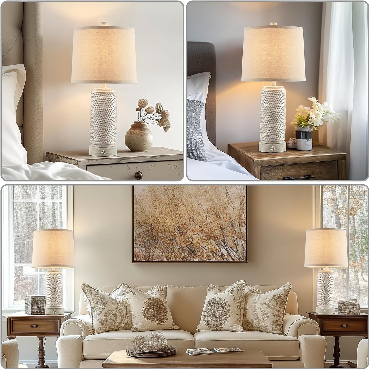 RORIA Set of 2 Rustic Touch Ceramic Table Lamps for Living Room, 3-Way Dimmable Nightstand Lamp with Dual USB Charging Ports, Linen Shade Bedside Bedroom Table Lamp, Bulbs Included