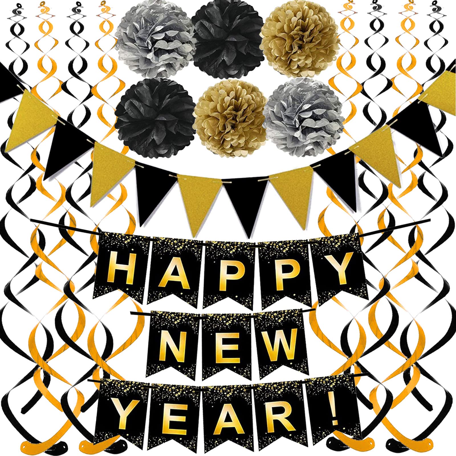 Happy New Year Set Black Banner with Gold Black Paper Flag Bunting Swirl Streamers & Pom Poms for