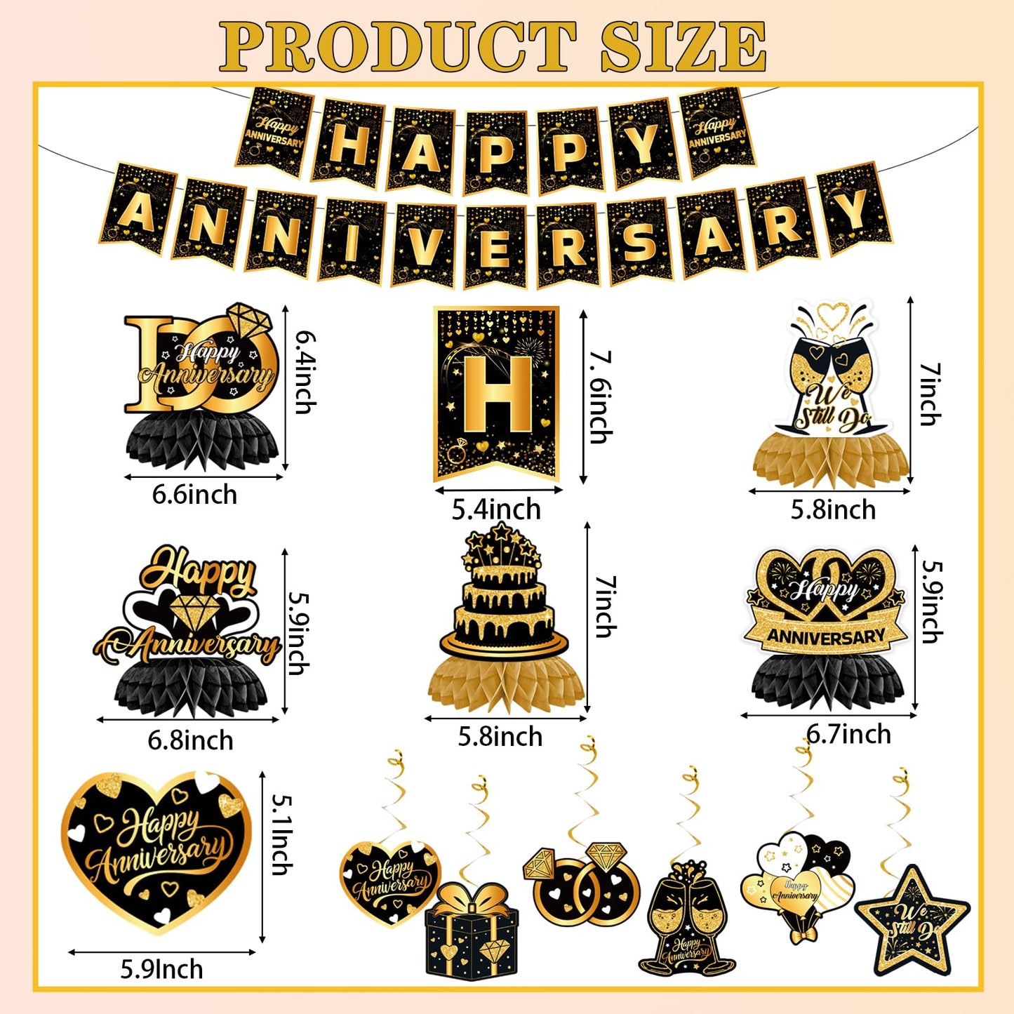 Happy Anniversary Decorations - Black Gold Wedding Party Decorations Kit, Happy Anniversary Banner