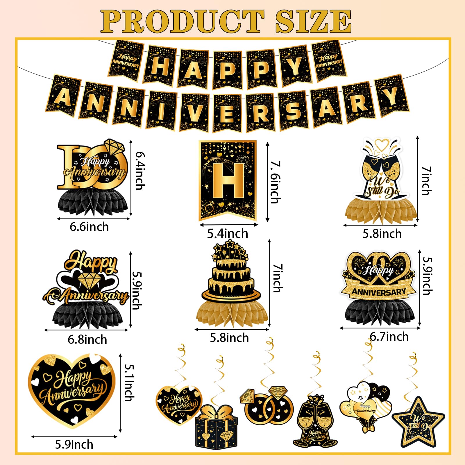 Happy Anniversary Decorations - Black Gold Wedding Party Decorations Kit, Happy Anniversary Banner