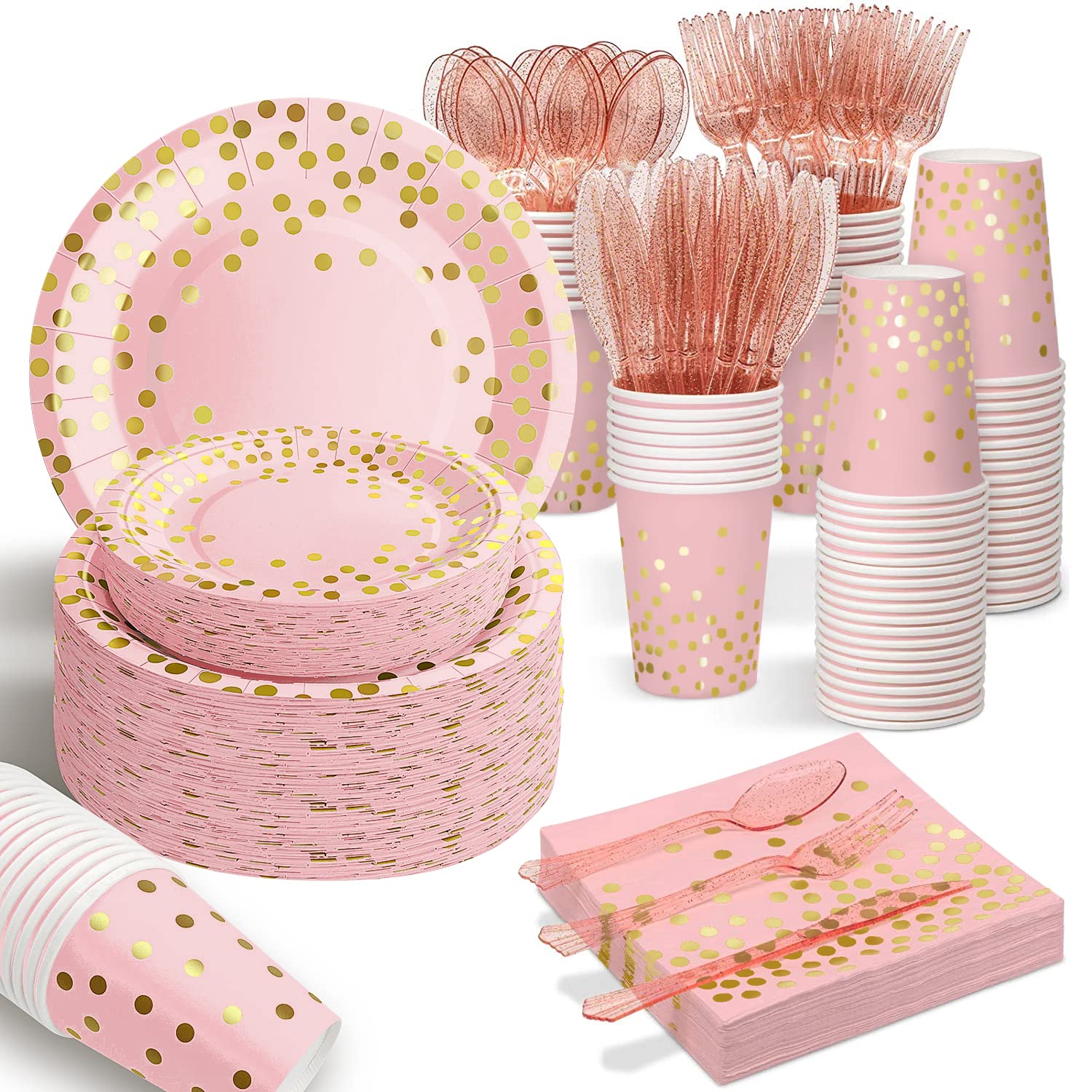 AIRE Pink Gold Paper Plates, 175PCS Disposable Dinnerware Set for 25 Guests