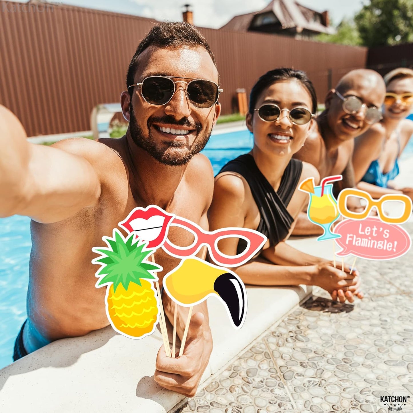 KatchOn, Luau Photo Booth Props - Pack of 21 | Tropical Photo Booth Props, Luau Party Decorations | Beach Party Decoration | Hawaiian Prop, Hawaiian Themed Party Decoration Flamingo Party Decorations