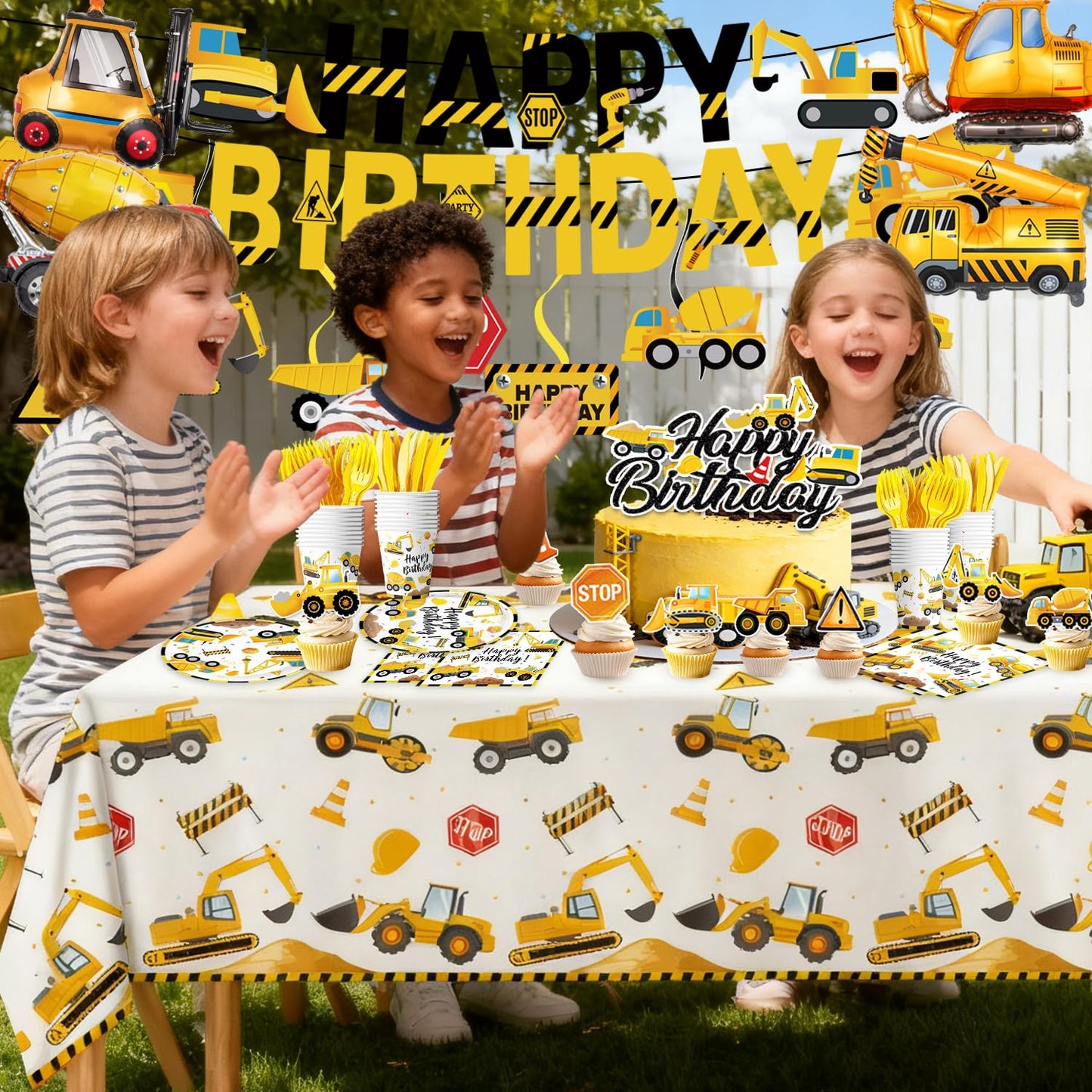 Construction Birthday Party Supplies - Plates, Napkins, Cups, Cutlery, Banner, Hanging Swirls