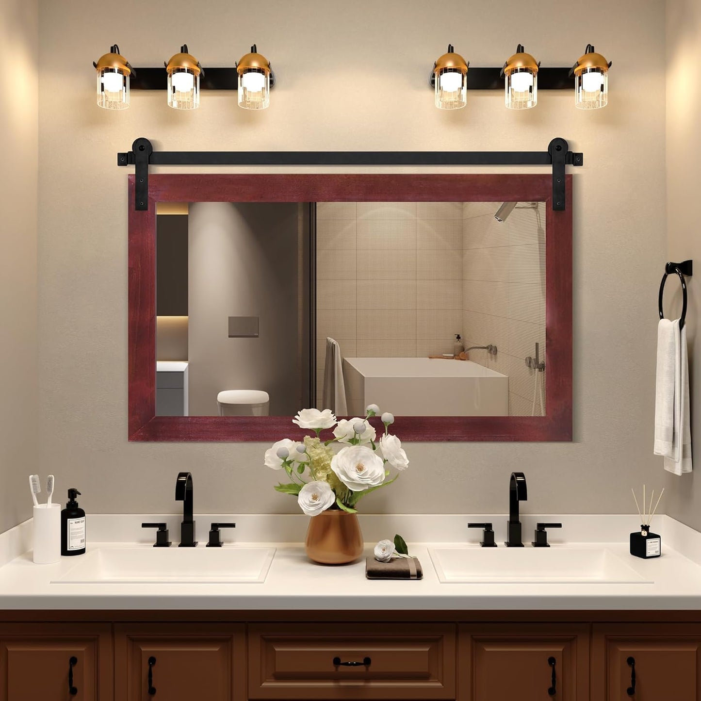 COGOOD Farmhouse Barn Door Mirror - 41" x 26" Rustic Wood Framed Mirror for Bathroom, Living Room, Entryway Wall Decor (Espresso)