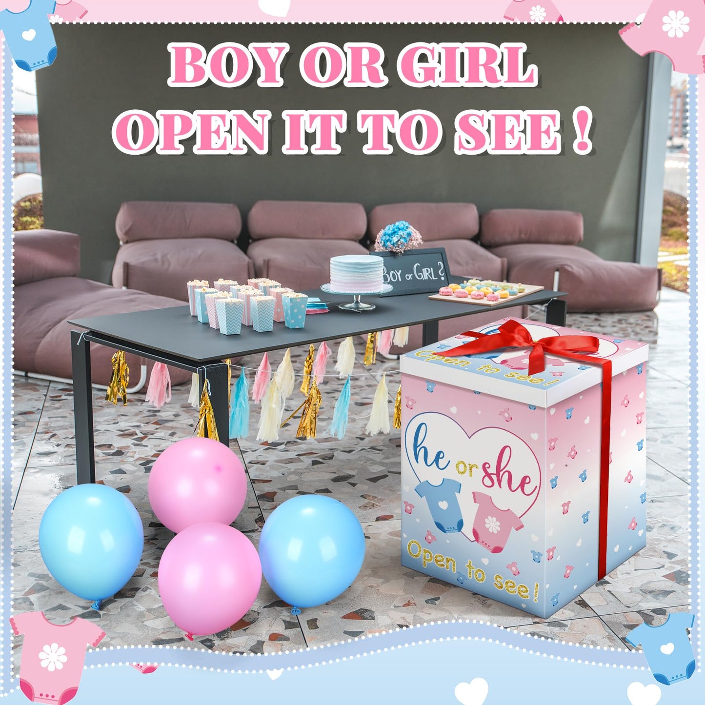 Hungdao Gender Reveal Balloon Box with Ribbon and 10 Pink and Blue Balloons Gender Reveal Games He