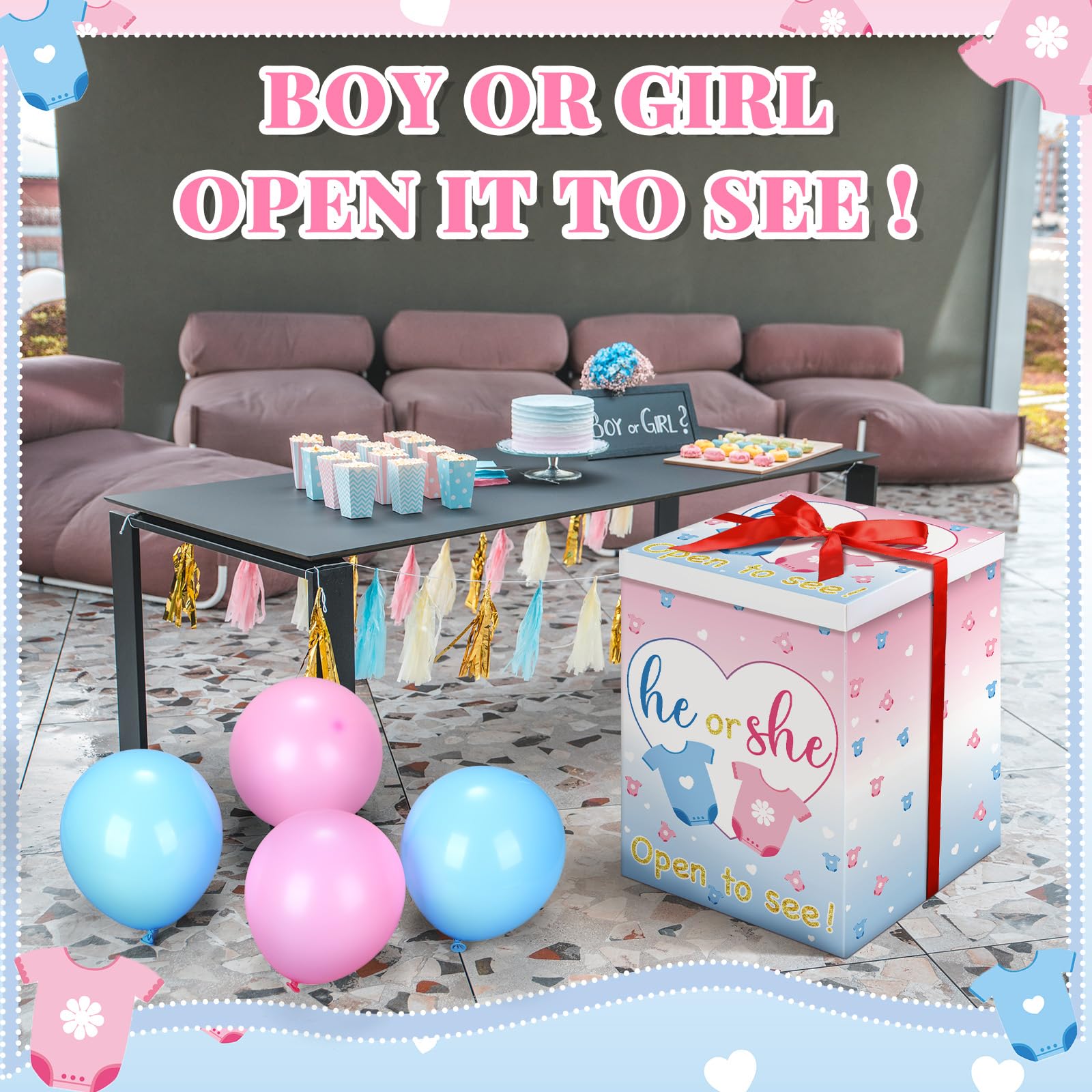 Hungdao Gender Reveal Balloon Box with Ribbon and 10 Pink and Blue Balloons Gender Reveal Games He