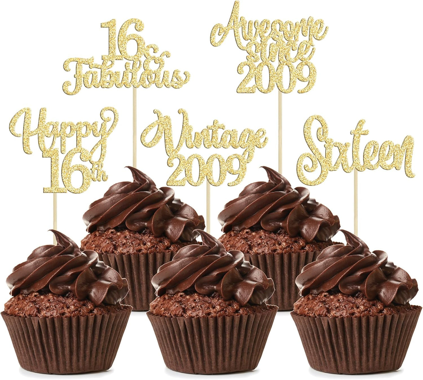 30Pcs Vintage 2009 Cupcake Toppers Glitter Sixteen Happy 16th Birthday 16 Fabulous Cupcake Picks Cheers to 16 Years for 16th Birthday Wedding Anniversary Party Cake Decorations Supplies Gold