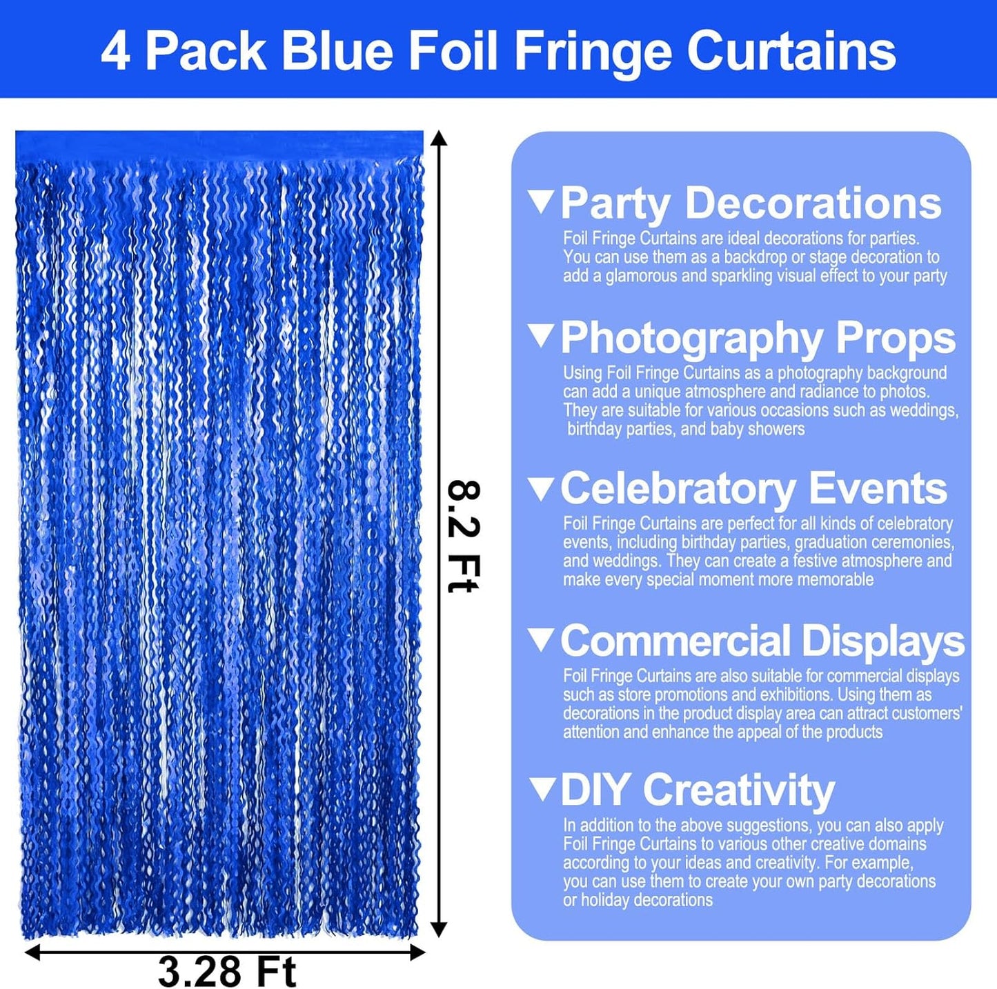 4 Pack Blue Wave Foil Fringe Curtain Backdrop, 3.28Ft x 8.2Ft Metallic Tinsel Foil Fringe Streamer Curtains for Photo Booth, Mother's Day, Easter, Birthday, Wedding Party Decoration