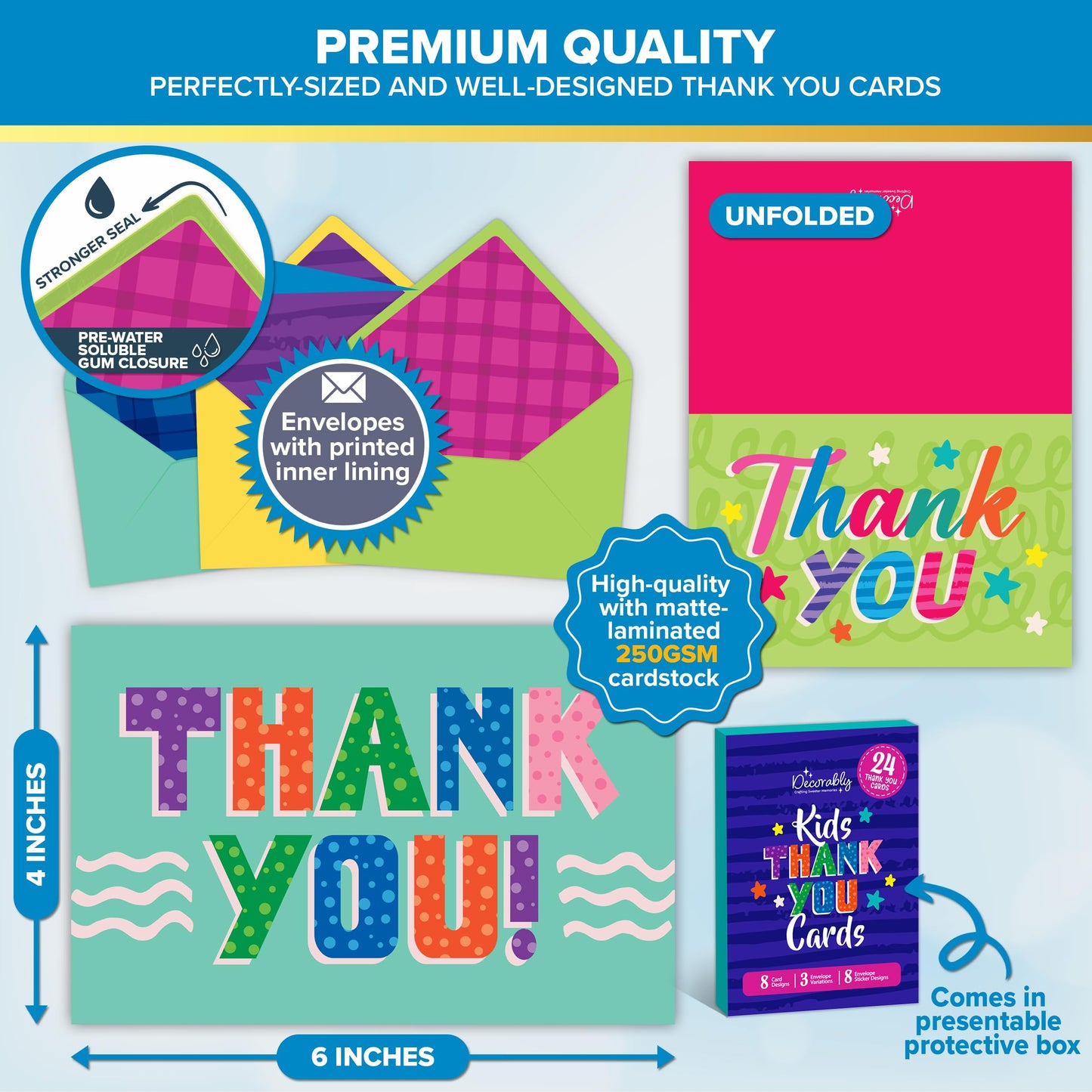 Decorably 24 Pack 6x4in Kids Thank You Cards for Boys & Girls