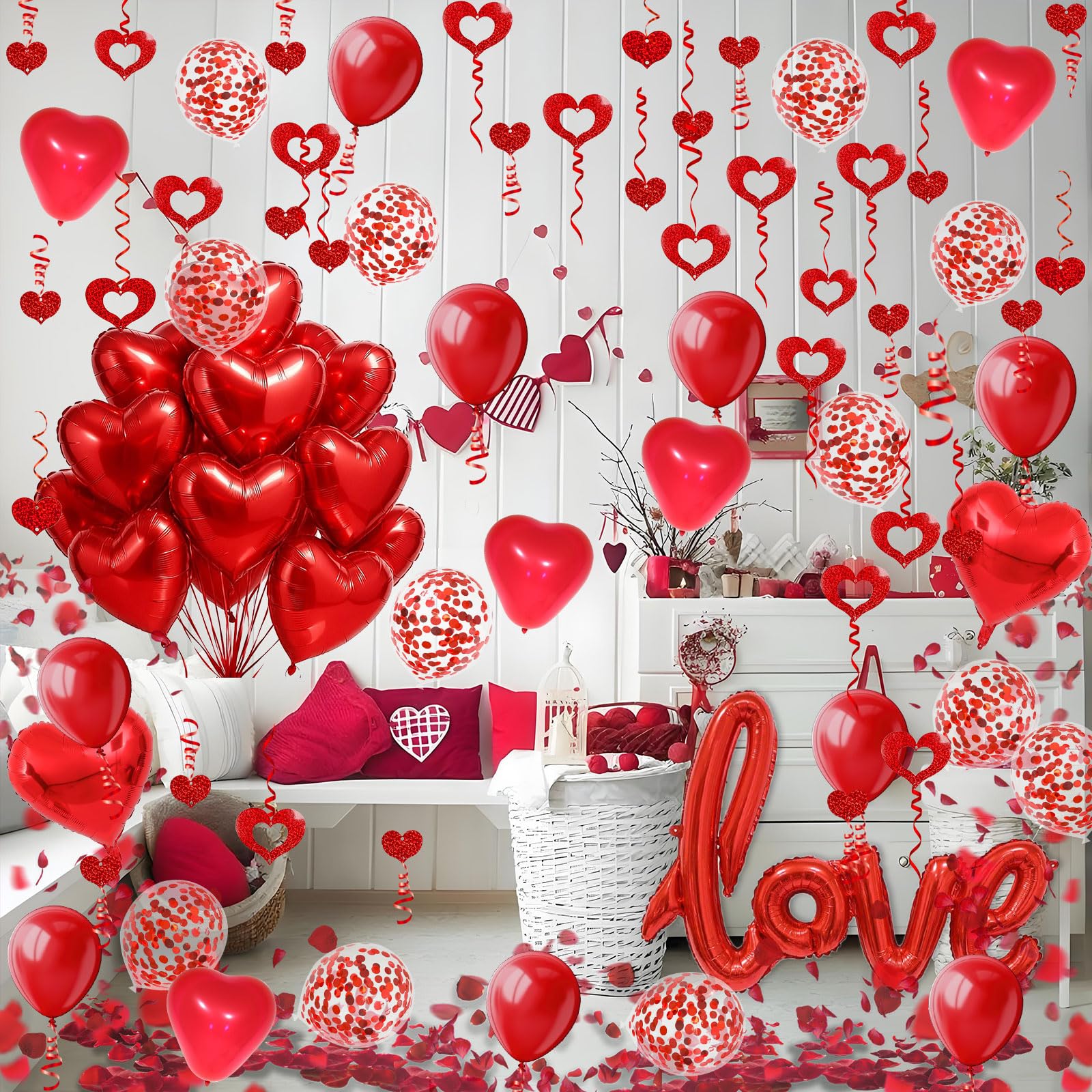 Fecedy Love and Heart-Shaped Aluminum Foil Balloon,Heart-Shaped and Round Latex balloons,Confetti