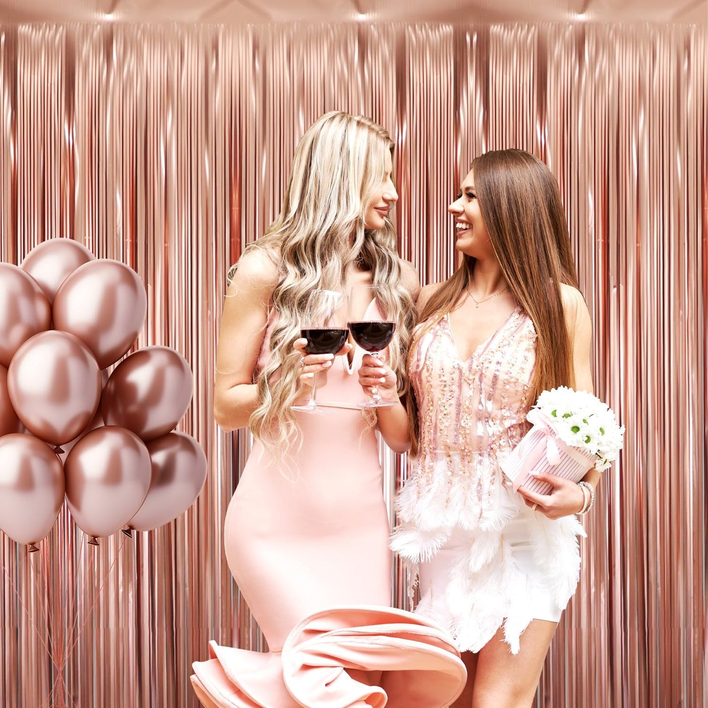 GOER 3.2 ft x 8.2 ft Metallic Tinsel Foil Fringe Curtains Party Photo Backdrop Party Streamers for Birthday,Graduation,New Year Eve Decorations Wedding Decor (1 Pack,Matte Rose Gold,Thick Material)