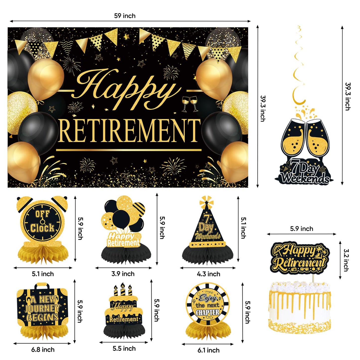 Retirement Party Decorations for Men Women Black Gold Happy Retirement Banner Backdrop Balloons