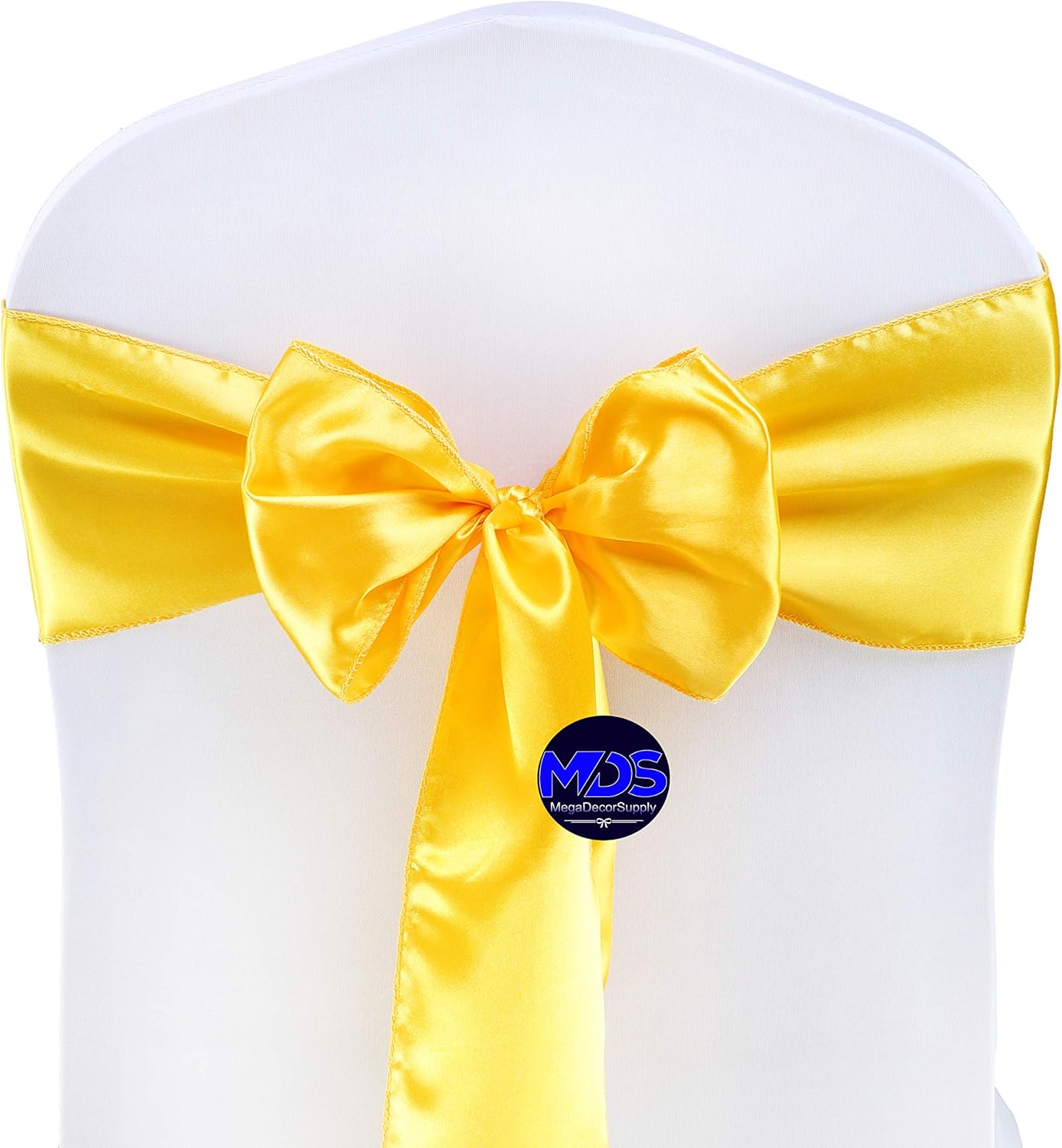 MDS Pack of 300 PCS Satin Chair Sashes Charmeuse Sateen Dining Chair Bows Ribbon Ties Back Sash for Wedding Party Birthday Home Hotel Restaurant Banquet Decoration (7 x 108 Inch, Yellow Gold)