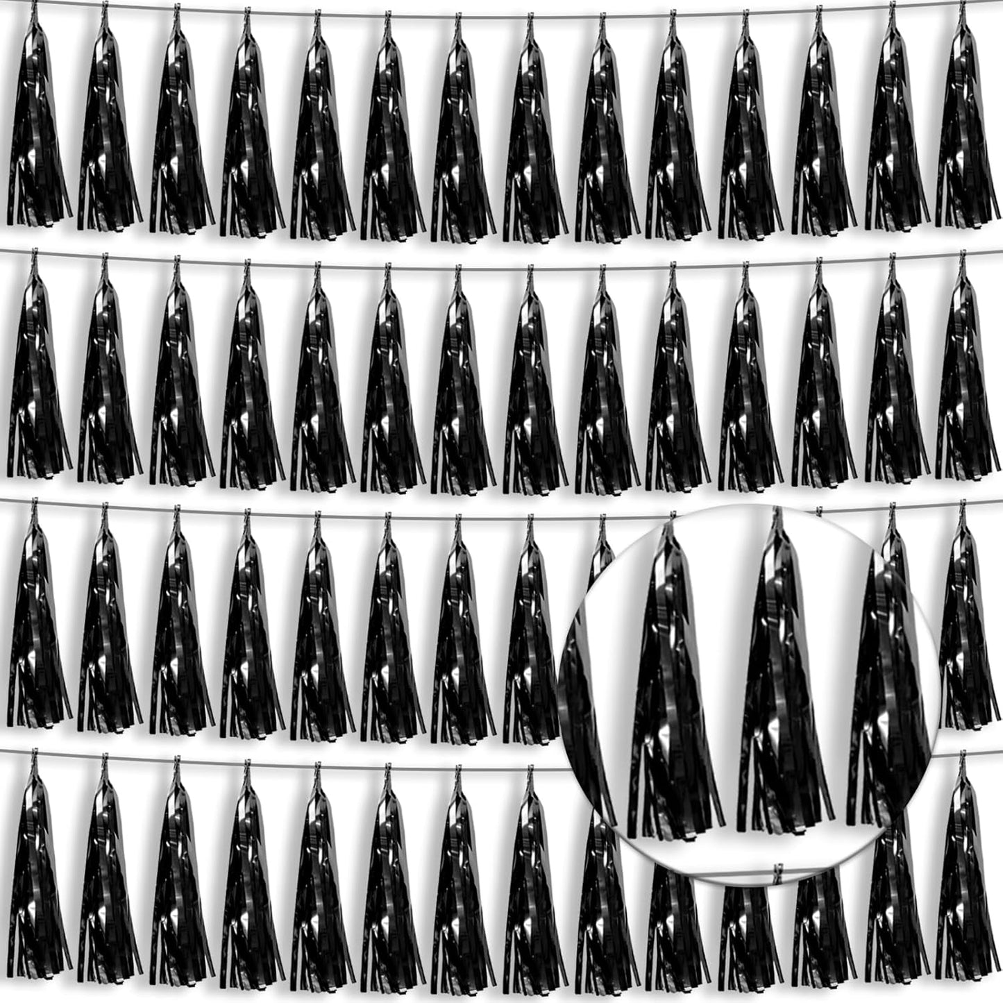 4P Black Foil Fringe Tassel Banner Garland Metallic Tinsel Streamers Wall Hanging Curtain Backdrop Banners for Parade Floats, 2024 Graduation Decorations, Father’s Day Party Decoration