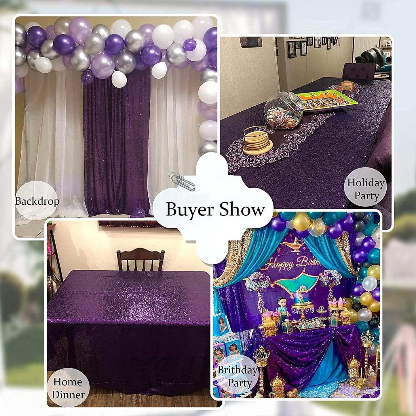 QueenDream Tablecloth 90x156 Rectangle Sequin Tablecloth Purple Wedding Table Linens Glitter Birthday Bridal Party Indoor Outdoor Decorations