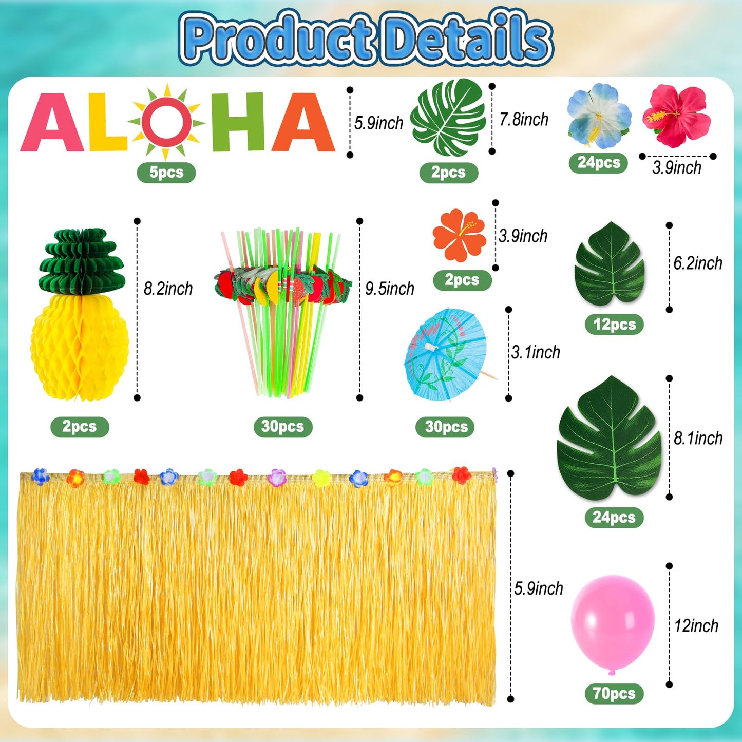 200 Pcs Aloha Luau Party Decorations Set, Hawaiian Tropical Summer Beach Party Supplies with