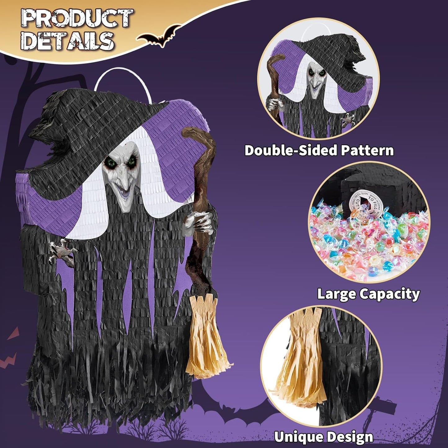 WERNNSAI Halloween Witch Pinata - Halloween Witch Party Game Hallow-een Party Decorations for Kids Birthday Decor Favor Scary Hallow-een Decorations Hallows Eve Supply with Bat Blindfold