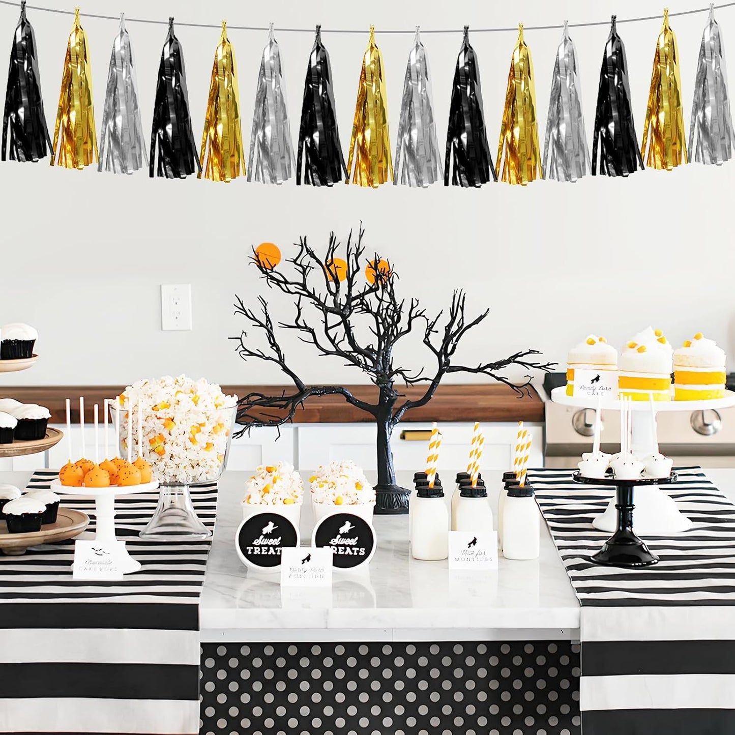 4P Black Gold Silver Foil Fringe Tassel Garland Banner Metallic Tinsel Streamers Wall Hanging Curtain Backdrop Banner for Parade Floats, 2025 Graduation Decorations,New Years Decorations, Father' Day