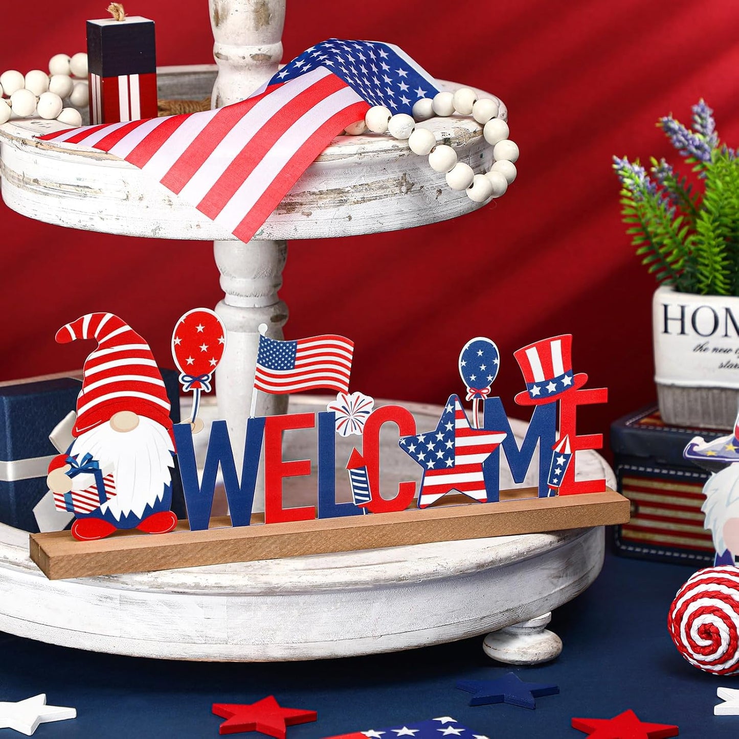 Patriotic/ 4th of July Metal Sign Rustic Table Decor Holiday Tiered Tray Decor with Wooden Base Freestanding Metal Word Sign for Home Tabletop Centerpiece Mantel Shelf Fireplace
